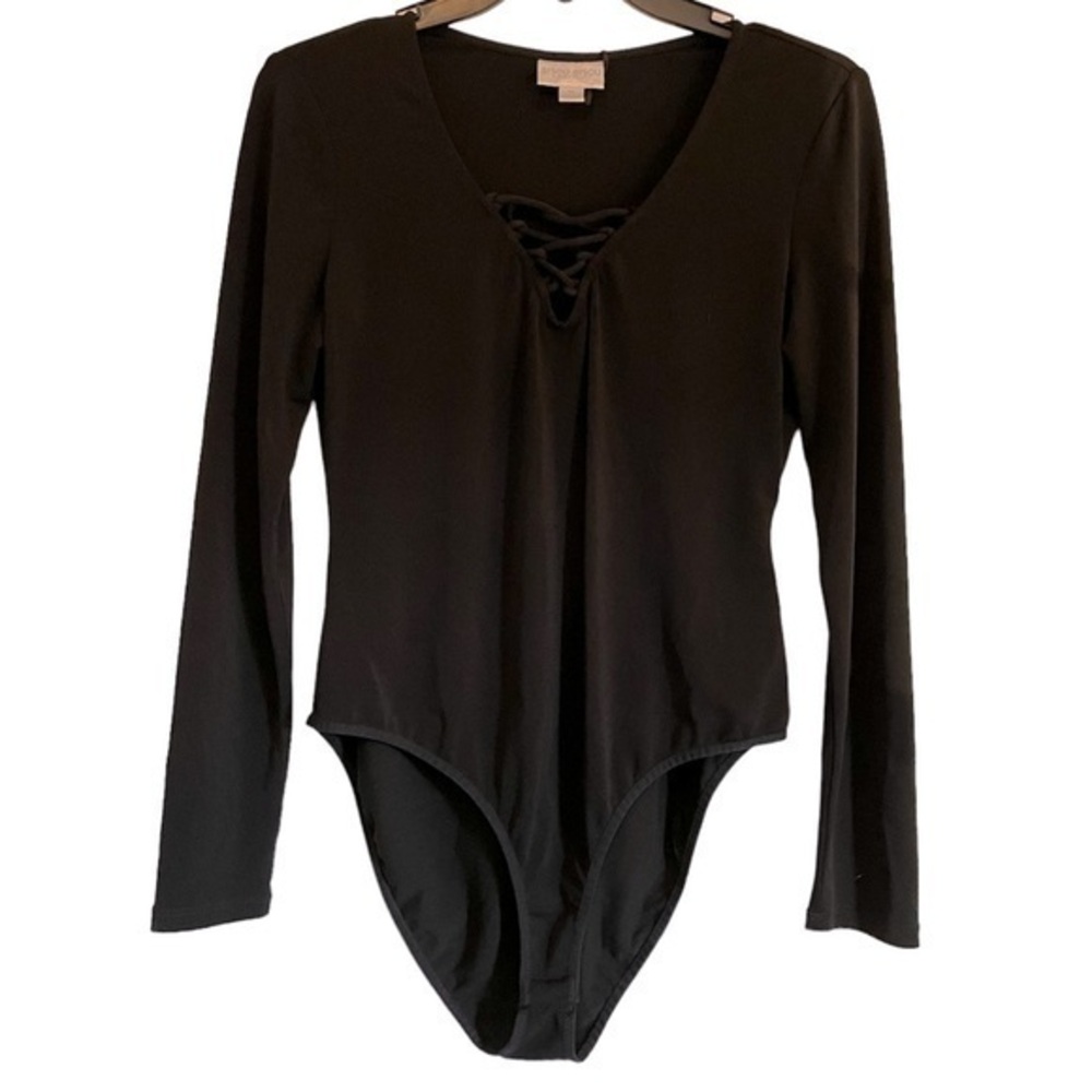 NEW BISOU BISOU Black Balletcore Whimsigoth V-Neck  Body Suit, Size Medium